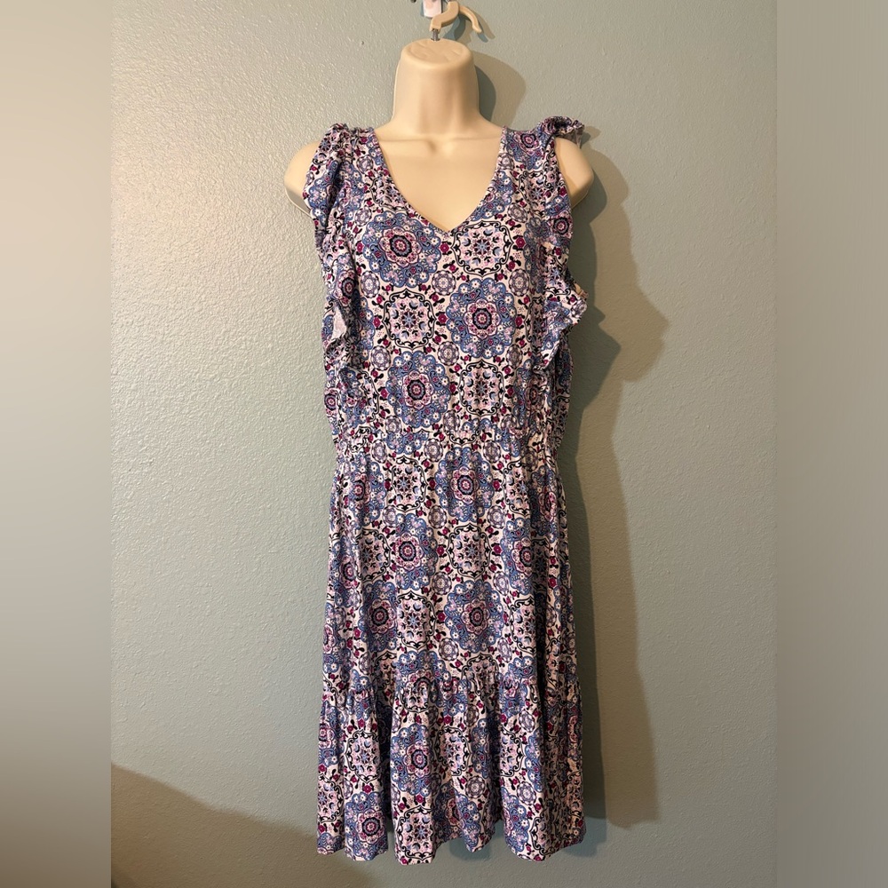 Loft Floral Print Ruffle Sleeve‎ Dress Blue Purple White Casual Sundress